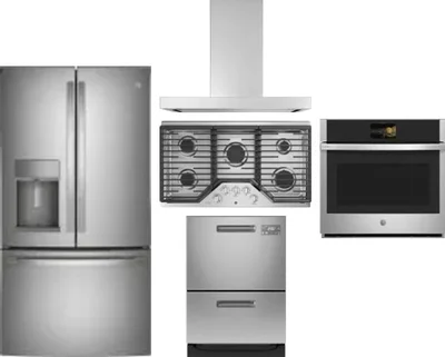 5 Piece Package Includes Refrigerator, Cooktop, Wall Oven, Hood And Dishwasher